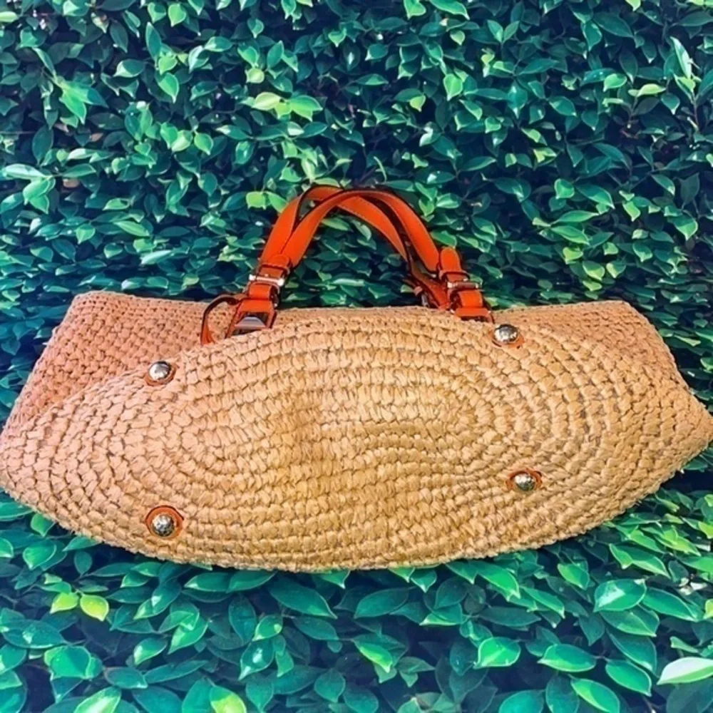 Michael Kors Woven Straw Raffia Bucket Tote Bag Summer Purse Boho Handbag